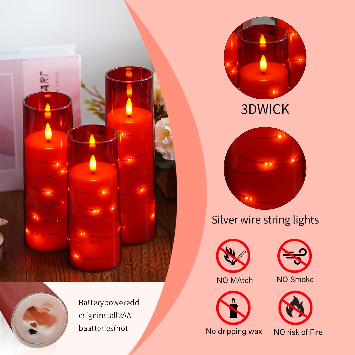 Flameless Candles,with Embedded Star String, Battery Operated Candles Flickering LED Pillar Candles with Remote Control and Timer, Home Decoration Add a Warm and Romantic Atmosphere，Set of 7 (Red)