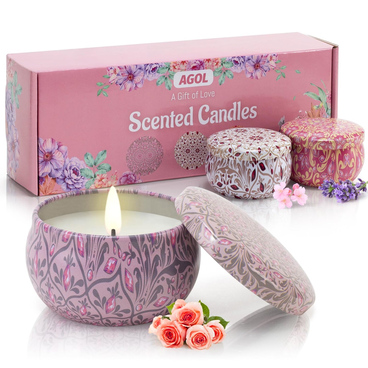 Candles Gifts for Women 3 Pack 2.5 oz Natural Floral Lavender Cherry and Rose Candles Set, Aromatherapy Candles for Home Scented, Portable Small Jar Candles Set for Travel, Spa, Bath, Yoga