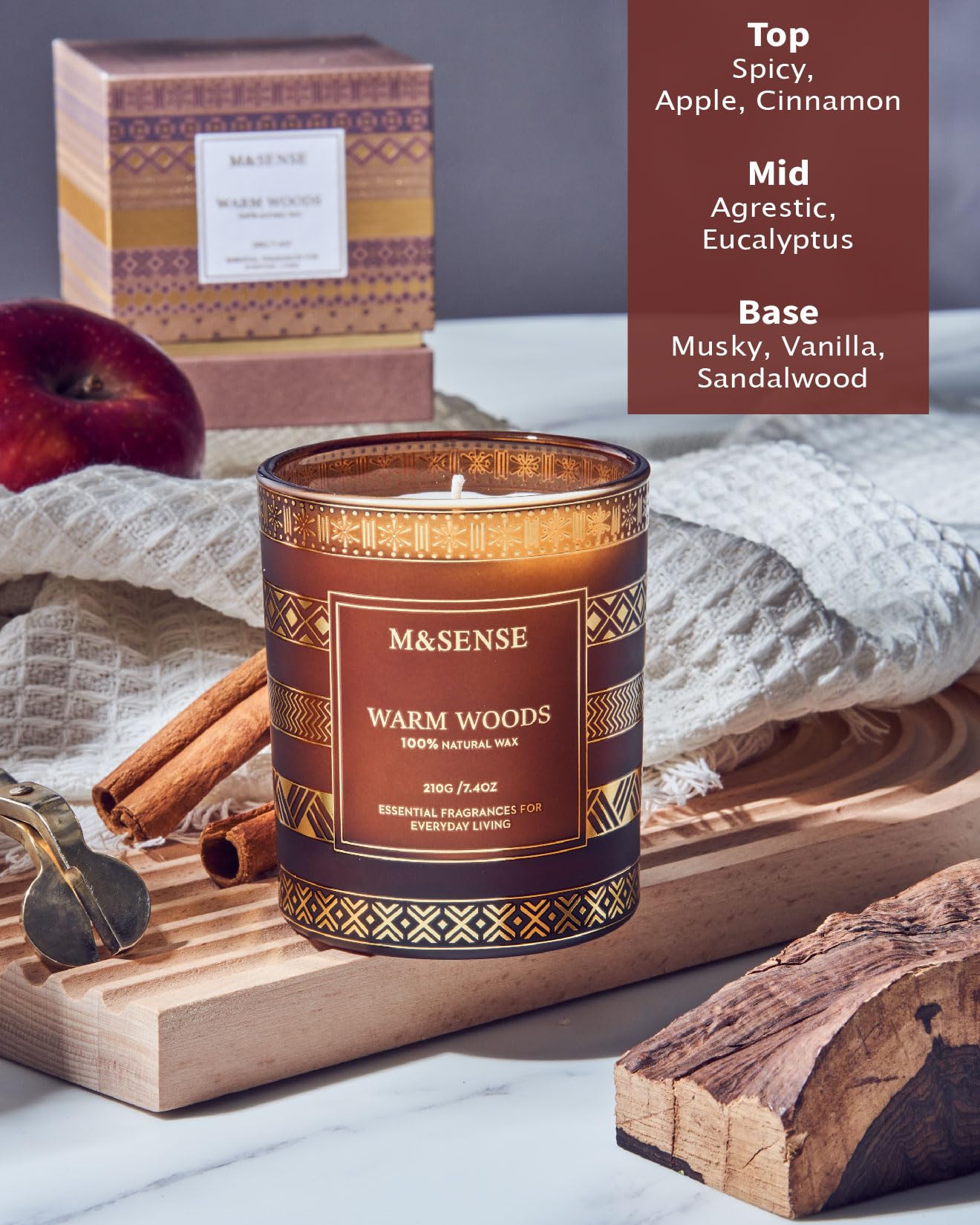 M&SENSE Warm Wood Christmas Soy Candle, 7.4oz 45 Hour Burn Time, Winter Home Fragrance Candle for Men & Women, New Year Holiday Gifts