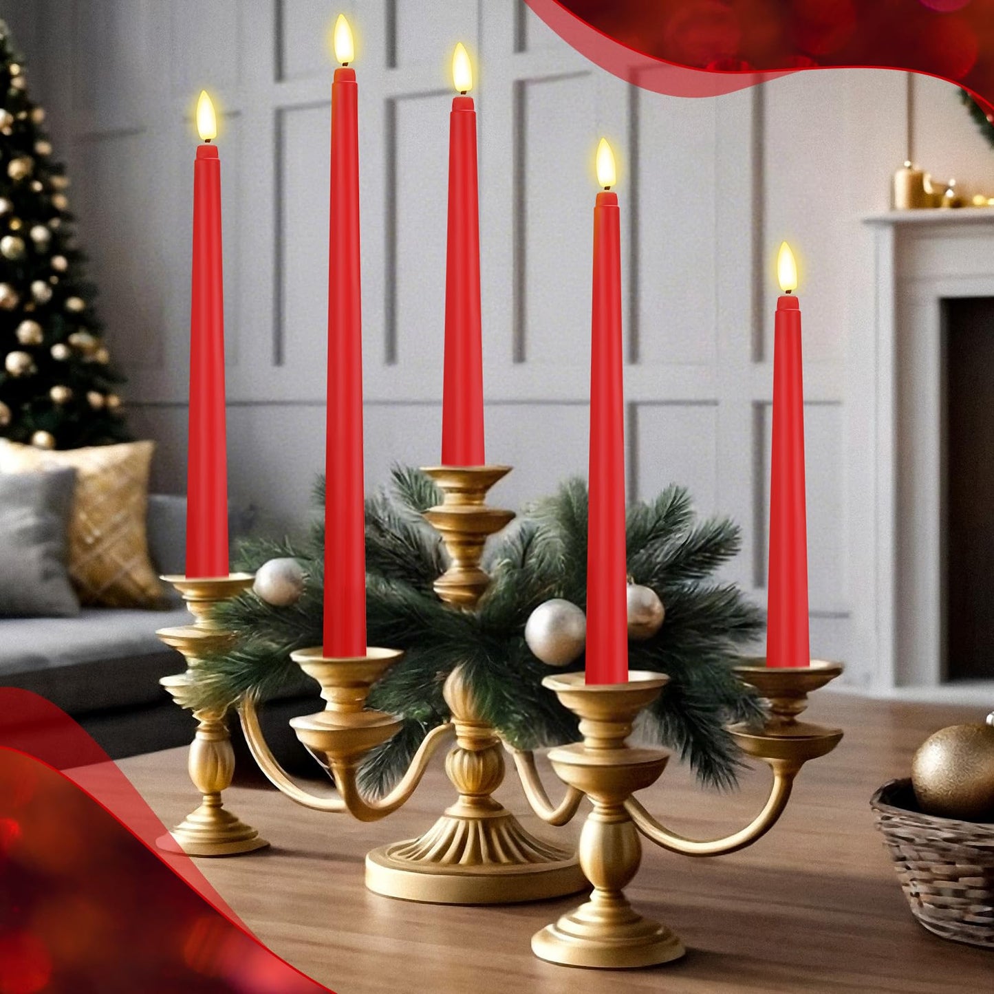 Rossesay 64 Pcs Wedding Flameless LED Taper Candles Battery Operated Candles 4 Sizes of 8.5'', 9.65'', 10.83'', 12.8'' Candlesticks Flickering for Halloween Christmas Church Wedding(Red)