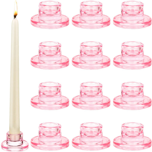 12 PCS Glass Taper Candle Holders Bulk Pink Candlestick Holders Clear Short Tapered Candle Stick Holder Decor Set for Table Centerpiece Wedding Party Advent Christmas Home Decorations