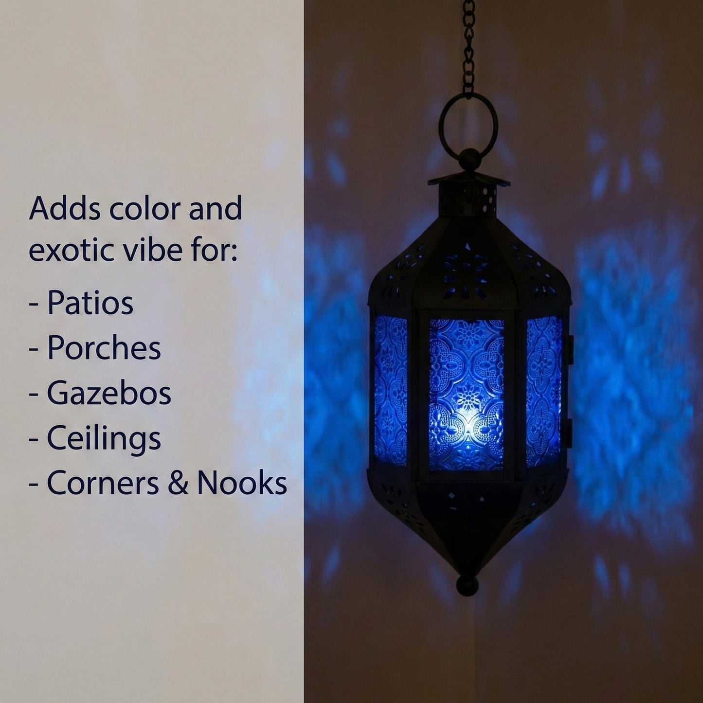 Vela Lanterns Hanging Moroccan Lamp - Exotic Decorative Patio & Porch Decor, Indoor Outdoor Tea Light Candle Lantern Holder with Chain (11" Medium, Cobalt Blue Glass)