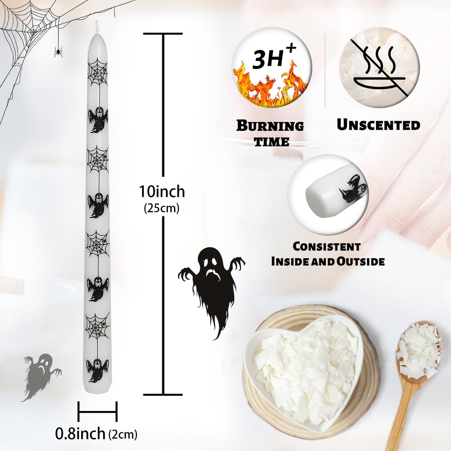 Floral Taper Candles 10 Inch Tall Unscented Handmade Ghost Spider Print Long Burning Elegant Candlesticks for Halloween Decor Gifts