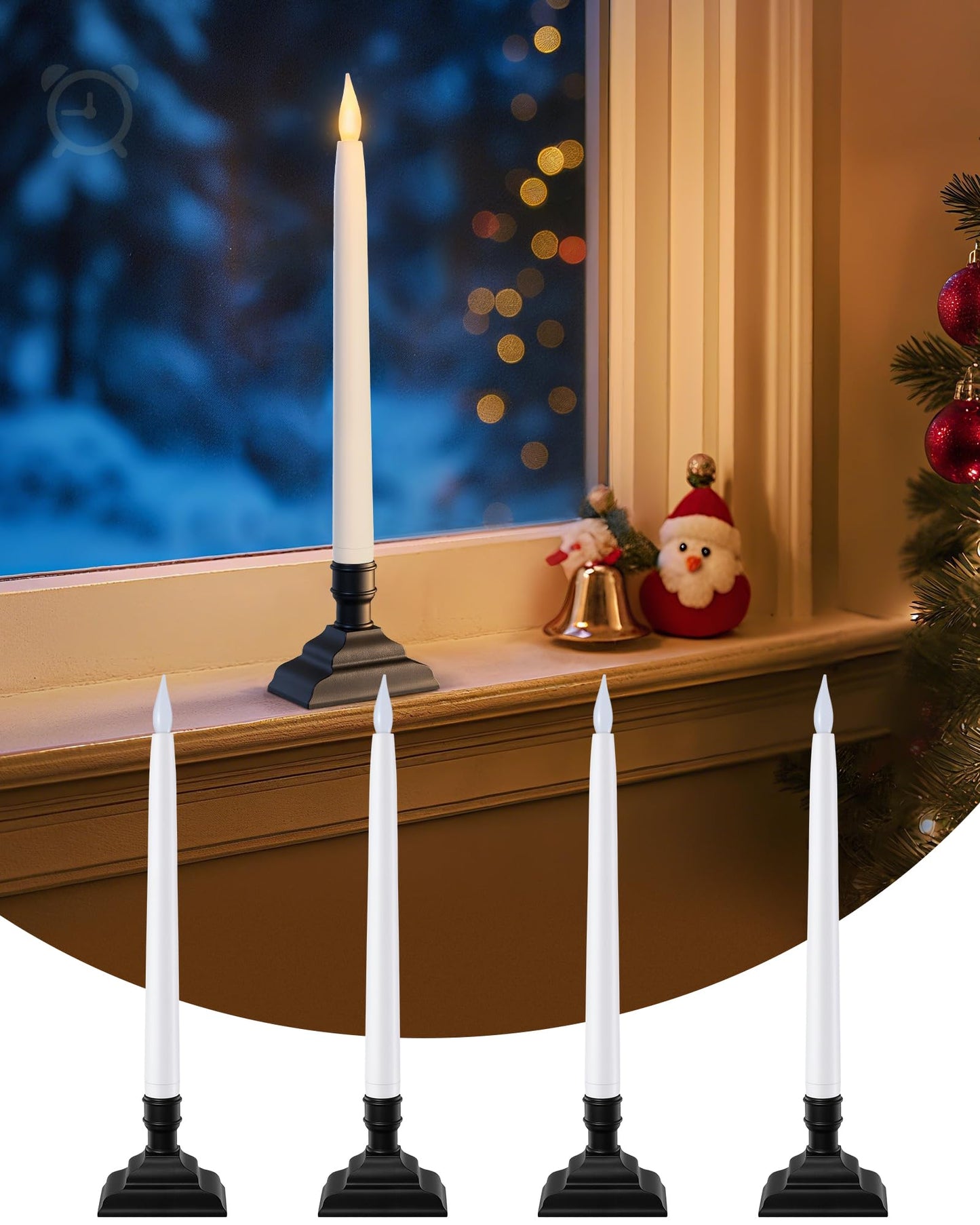 SURAIELEC 10.5'' Battery Window Taper Candles with Timer, 3000K Warm White, Flameless LED Candle for Christmas Window, Mantel, Dining Table, Matt Black, 4 Pack (Rechargeable Batteries Not Compatible)