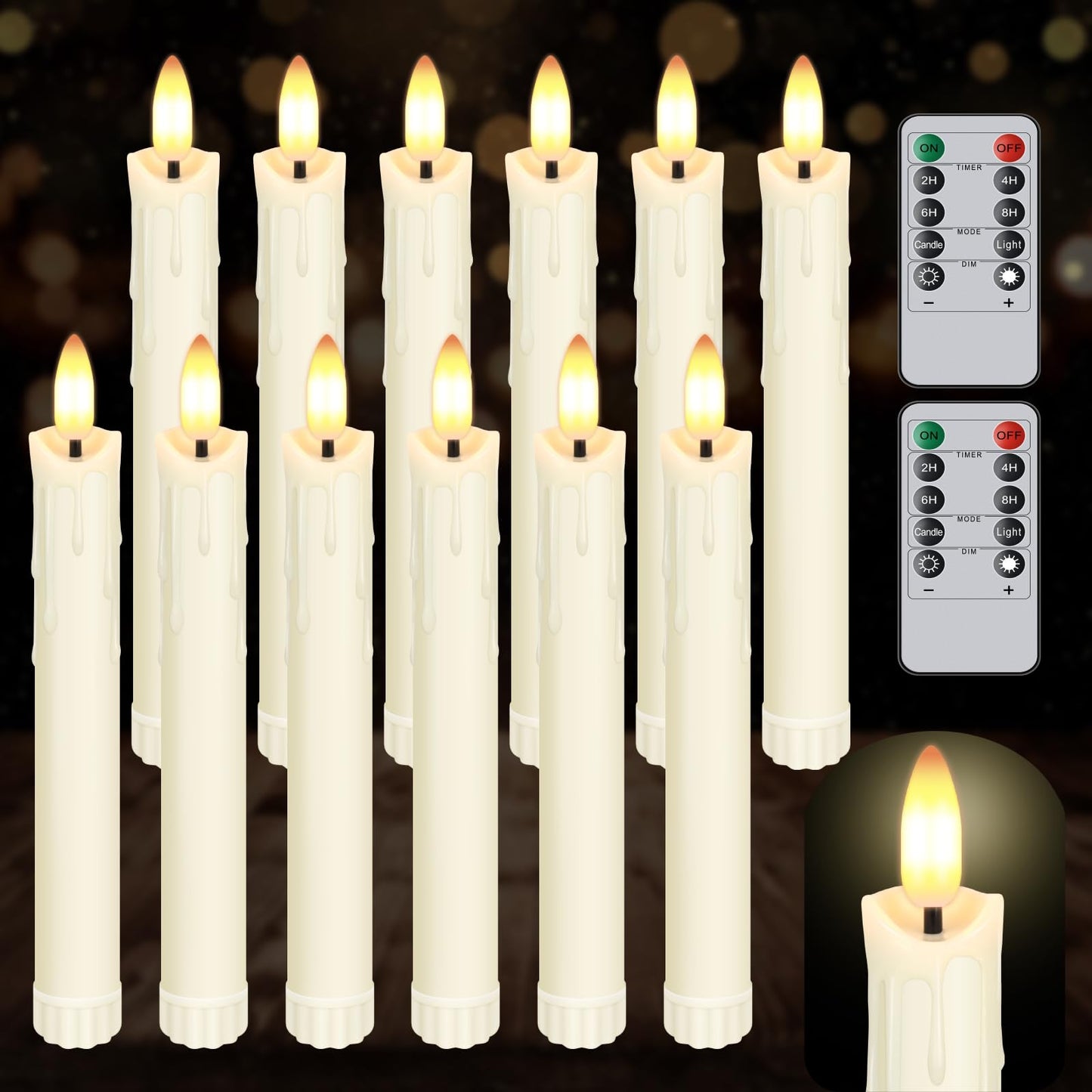Warmhere 12 Pcs Short Flameless Taper Candles with Remote Timer, 6" Fake Taper Candles Battery Operated, Flickering 3D Flame, Ivory Plastic LED Candlesticks for Home Wedding Party Holiday Decor