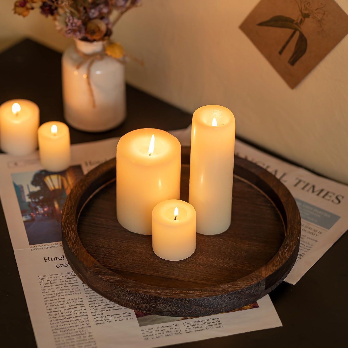 Hanobe Round Wood Candle Trays: Rustic Candlestick Holder Tray Pillar Stand for Table Centerpiece - Farmhouse Coffee Table Decor for Living Room Kitchen Counter