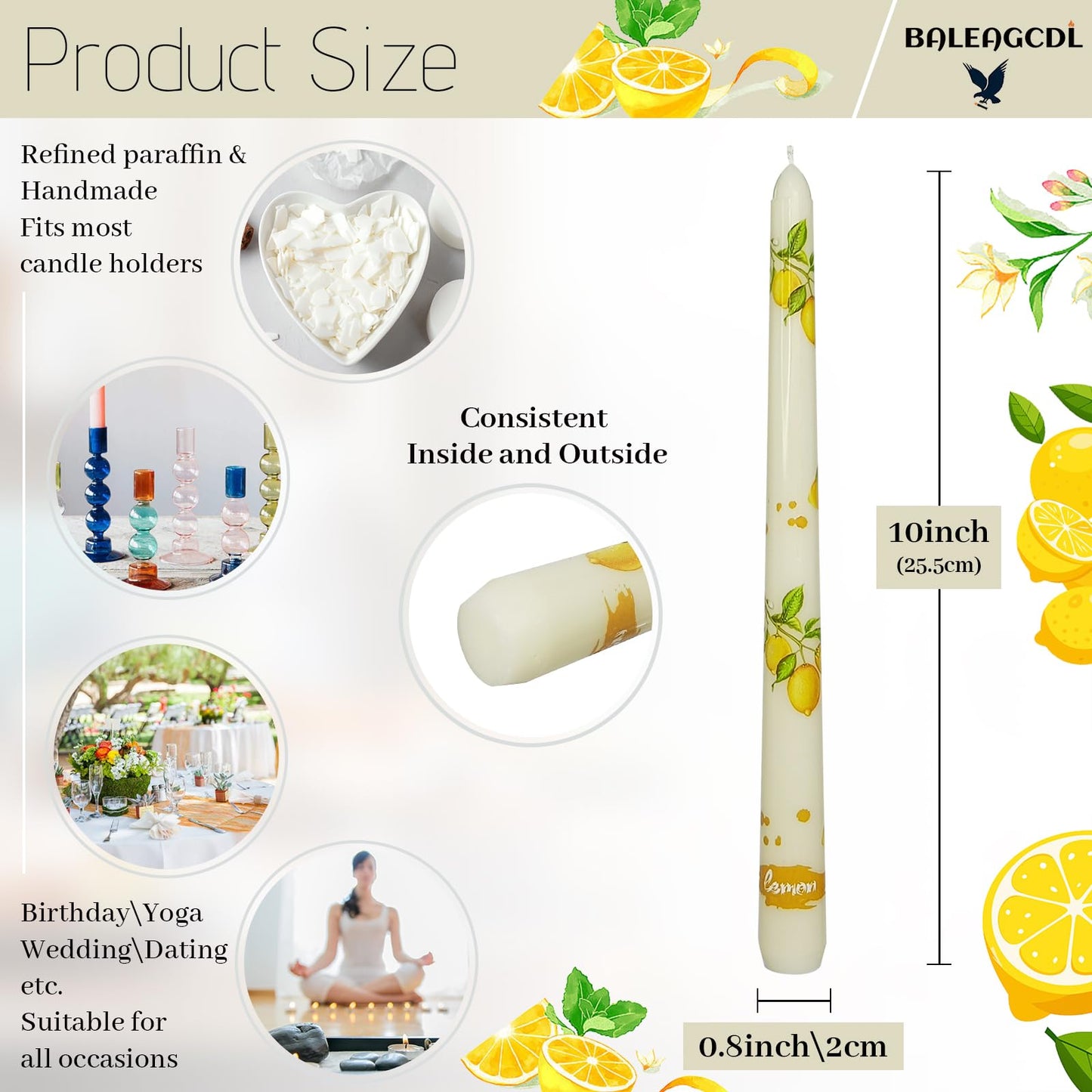 Summer Floral Taper Candle - Baleagcdl Ivory with Lemon Prints Candlesticks Handmade Long Tapered Candles 10 Inch Drip Candle for Home Holiday Decor Gifts Set of 2