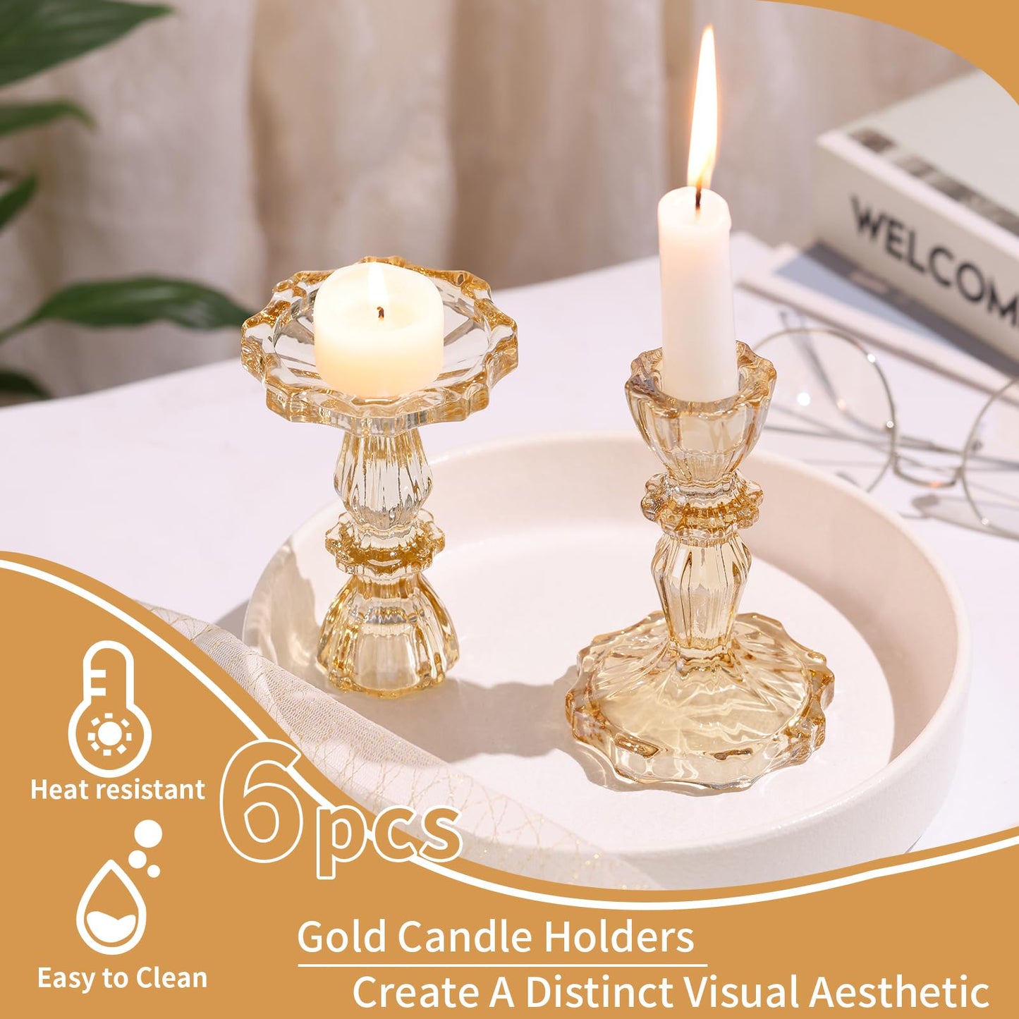 Simeitol Glass Candlestick Holders Bulk, 6PCS Gold Taper Candle Holders for Table Centerpiece, Gold Tall Candle Stick Holder Stand for Wedding Decorations, Birthday, Christmas Table Decor