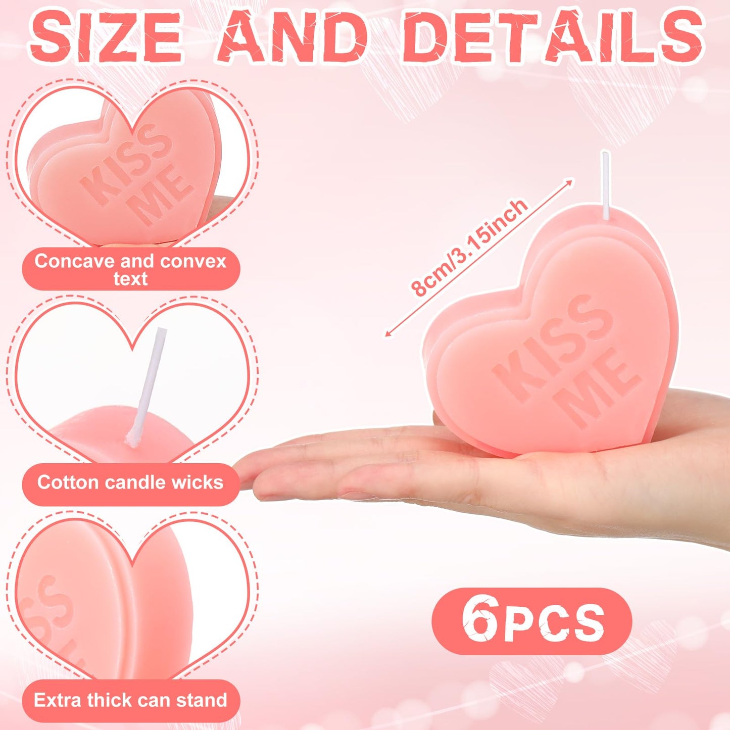 Conelist 6 Pcs Valentine's Day Conversation Heart Candle Aesthetic Unscented Handmade Candles Romantic Conversation Heart Valentine's Day Gifts for Home Wedding Decoration