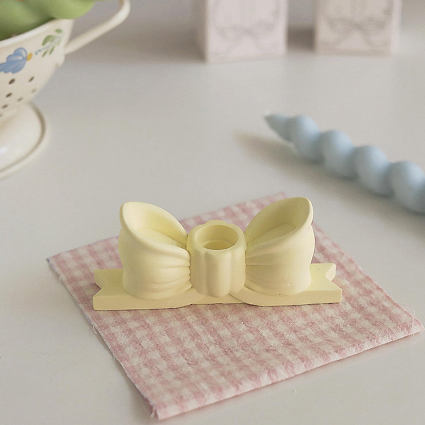 Candle Holder Set of 2, Yellow Bow Candlestick Holders Fit 0.59 Inch Candles, Gypsum Candelabra Decorative Candle Stand Centerpiece for Table Wedding Dinning Party