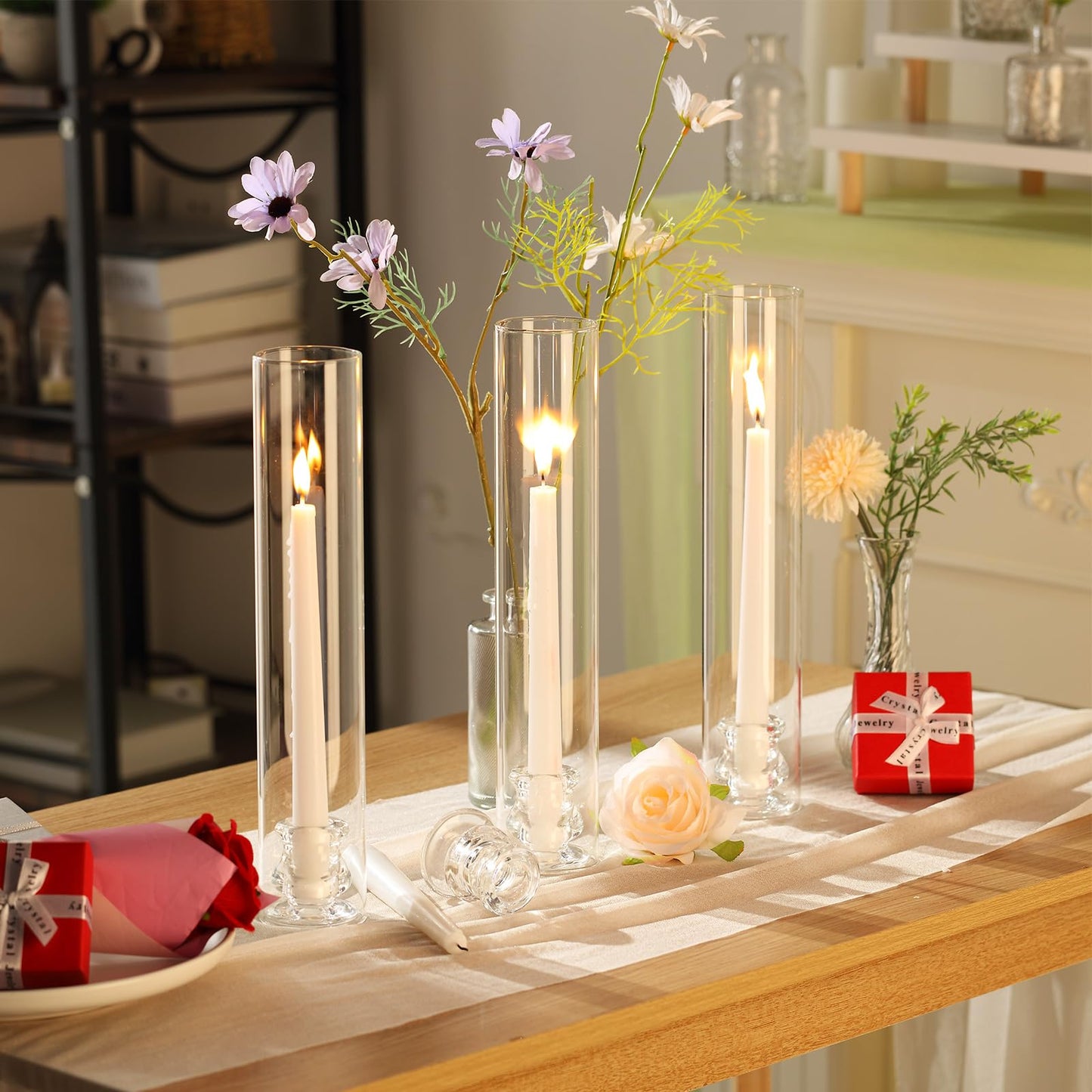 Teenyyou 12 Set Glass Hurricane Candle Holders Bulk 12.6" Open Ended Glass Candleholder Tube Shape Bottomless and 2.2" Taper Clear Candlestick Holders for Wedding Table Centerpiece (Clear)