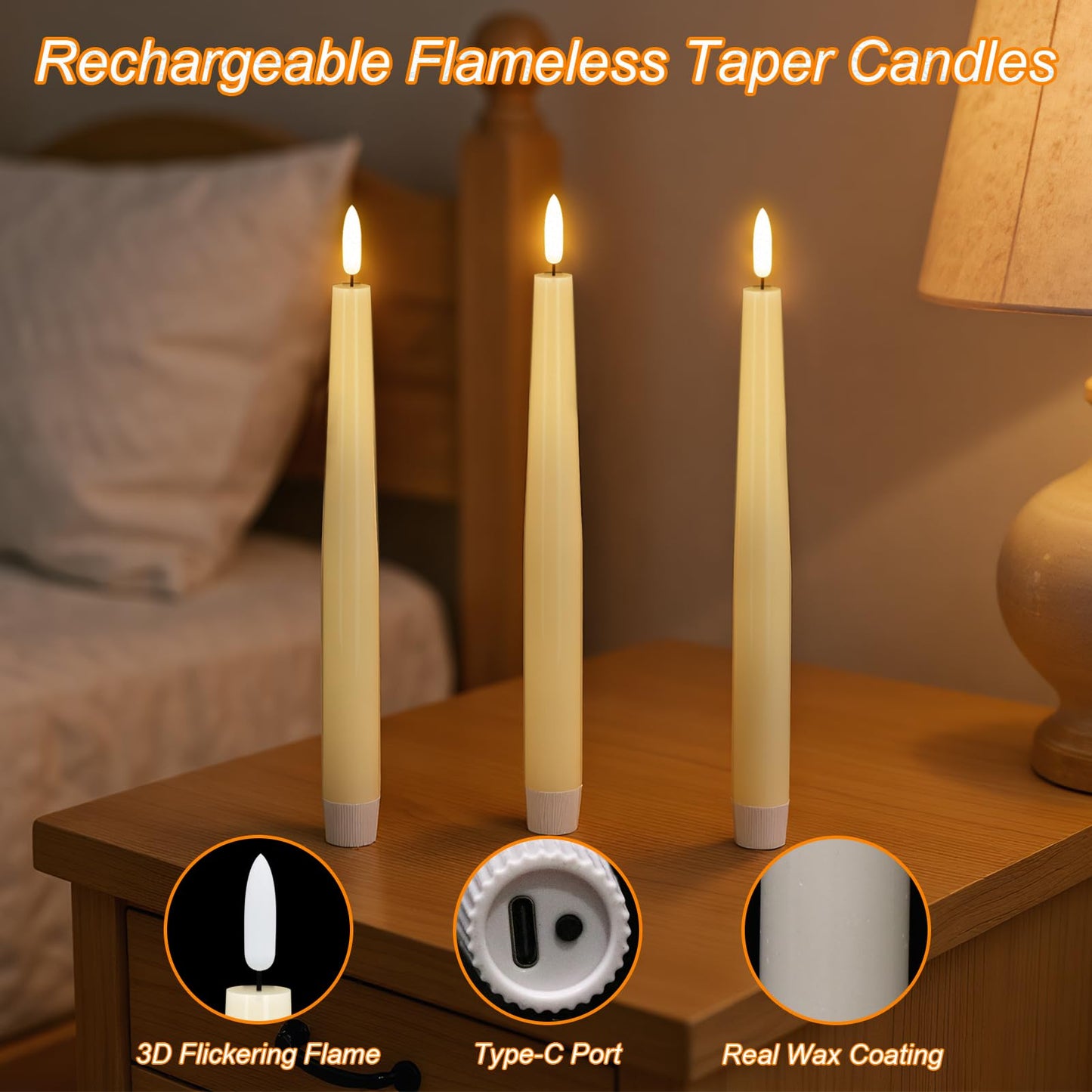 GenSwin Rechargeable Flameless Taper Candles, 3 Pack Ivory LED Taper Candles Battery Operated with Remote Timer, Real Wax Flameless Candlesticks for Christmas Holiday Home Decor