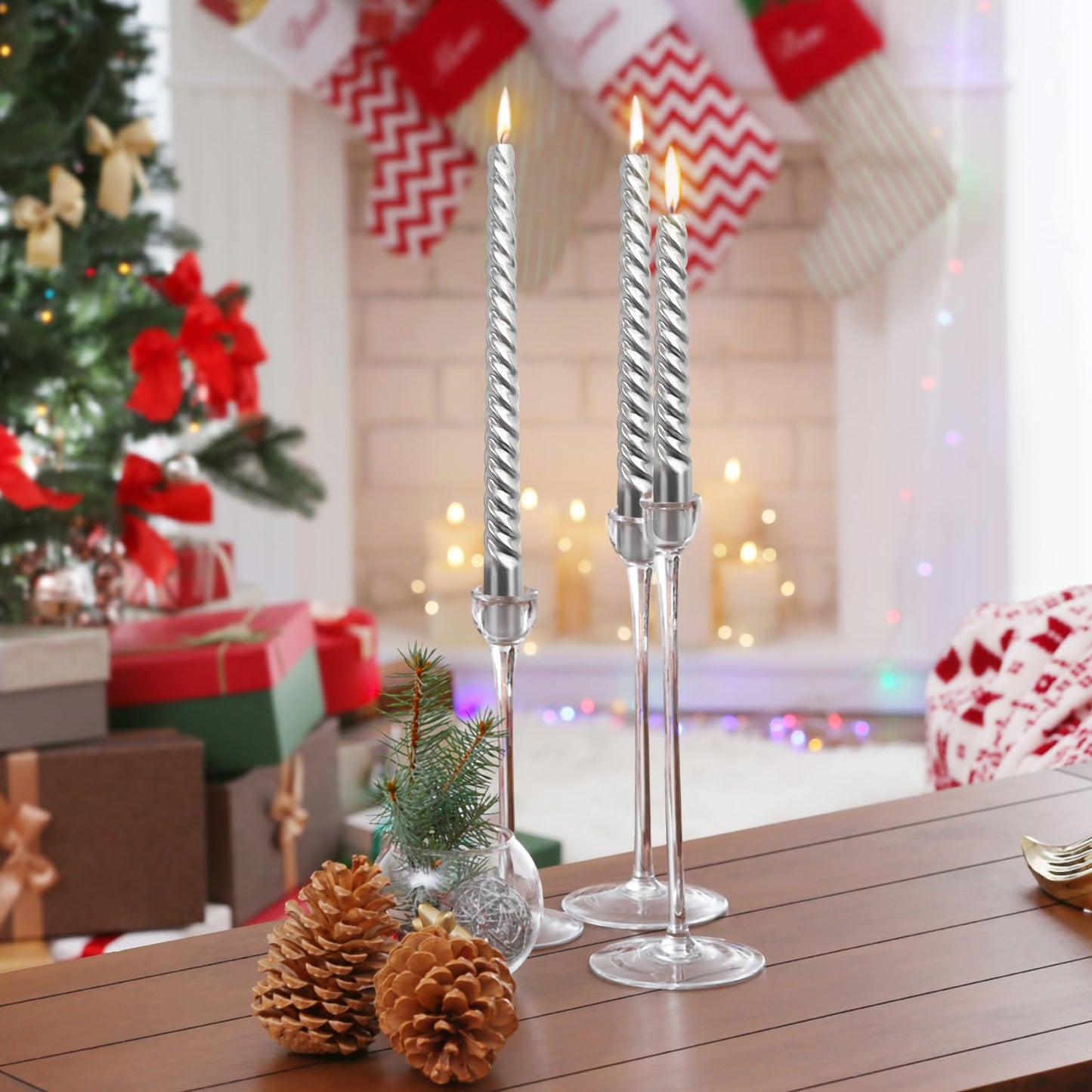 10 Inch Silver Spiral Taper Candles Set for Holiday Decor, 12 Pack Unscented Twisted Candlesticks, Dripelss Thin Tapered Candles for Wedding Dinner Parties Galas Award Ceremonies Religious