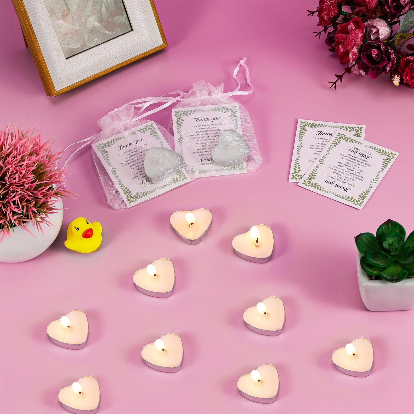 JEFHOMKIT 100 Set Wedding Favors - Heart Shaped Tealight Candles and Thank You Cards with Organza Bags