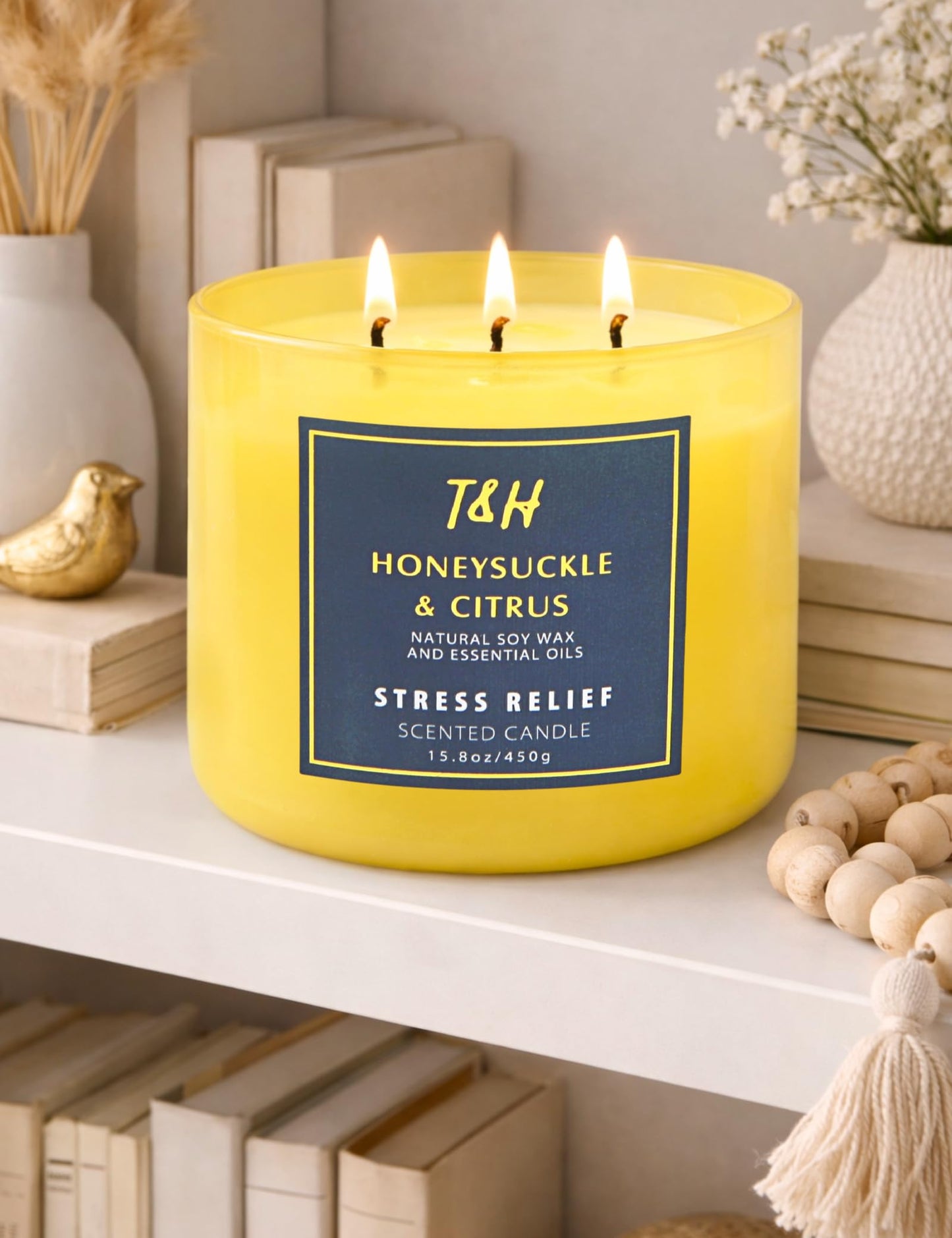 Honeysuckle Citrus 3-Wick Soy Candle | 15.8 oz Large Scented Candle for Home | Clean Burn Long Lasting | Fresh Floral Citrus Scent | Gift Ready