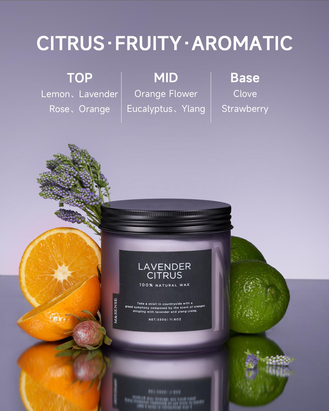 M&SENSE Lavender Citrus Home Scented Candles, 11.6oz Natural Soy Wax, 70 Hours Long Burning, Organic Candles Non Toxic, Aromatherapy Smelling for Mom, Home Fragrance for Meditation Relaxation