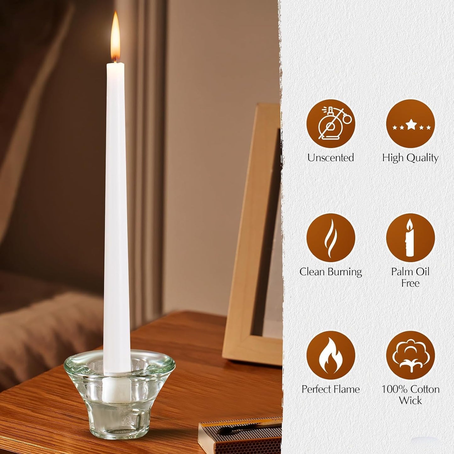 WPONSZU 16 Pack White Taper Candles, 7-8 Hours Burn Time, Unscented, Smokeless and Dripless, 4/5 x 10 Inch for Christmas,Household,Dinner,Wedding,Valentine's Day,Party and Home Décor Candlesticks