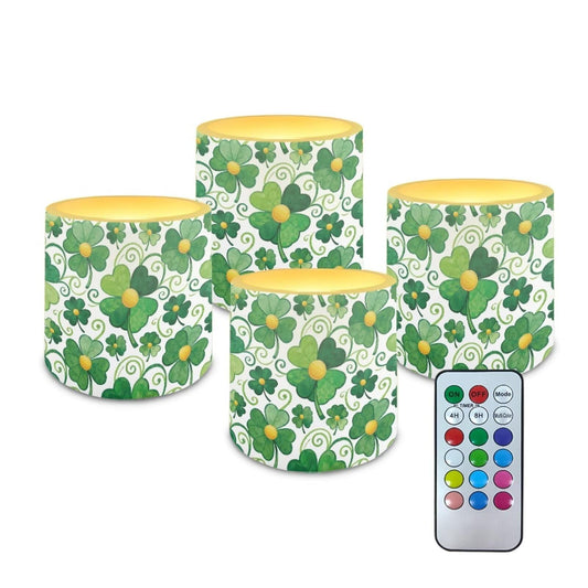 Merkmak 4Pcs LED Candles Bulk Stylish Shamrocks Flickering Flameless Candles with Remote and Timer Battery Operated Pillar Tea Lights for Indoor Outdoor St Paddy's Day Party Decoration