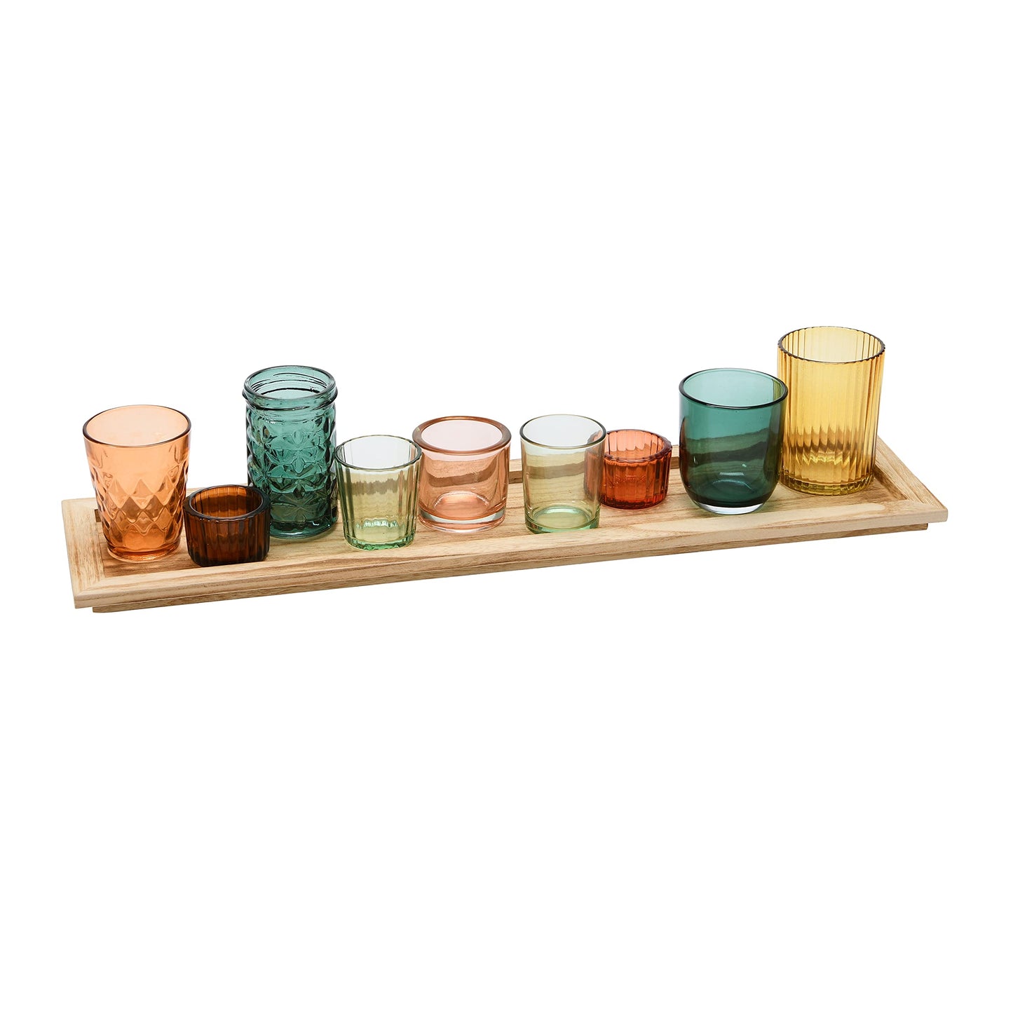 Creative Co-Op Round Glass Votive Holders on Wood Tray, Yellows & Greens, Set of 9