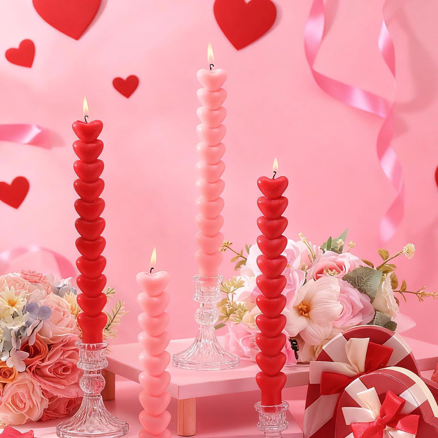 Nuanchu 6 Pcs Valentine Heart Taper Candles 10 Inch Tall Pink Red Candlestick Valentine's Day Unscented Heart Candle for Gifts Home Mantle Decor Bachelorette Wedding Party Supplies