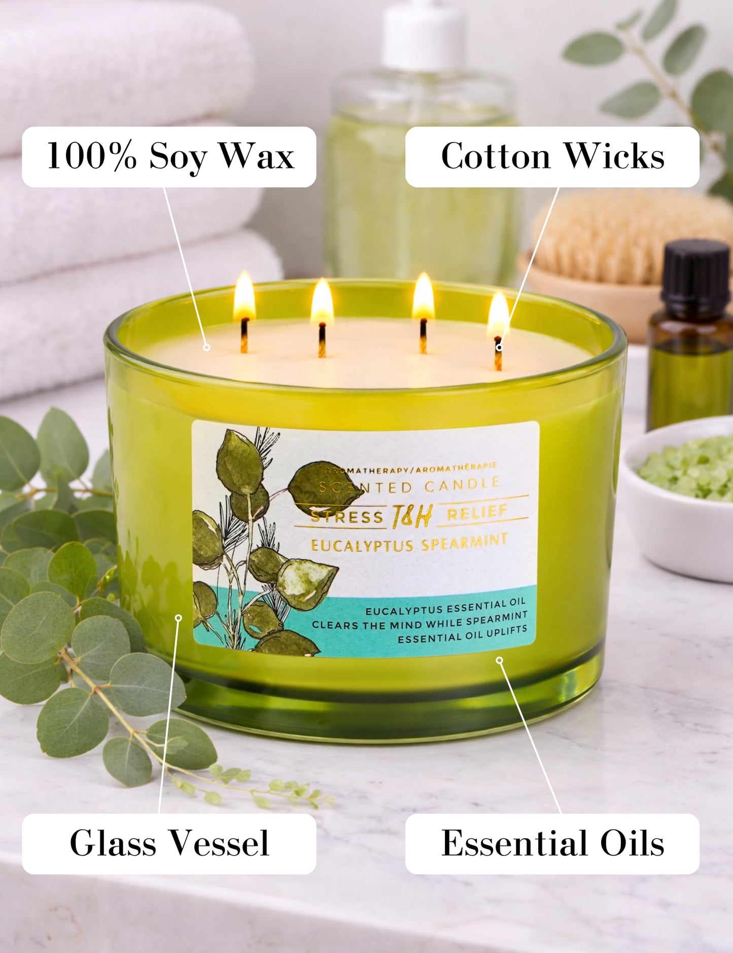 Eucalyptus Spearmint Candle | 4 Wick Extra Large Scented Soy Candle 20 oz | Highly Scented Aromatherapy Stress Relief Spa Candles | Fresh Eucalyptus Mint Home Scent | Long Lasting Clean Burn