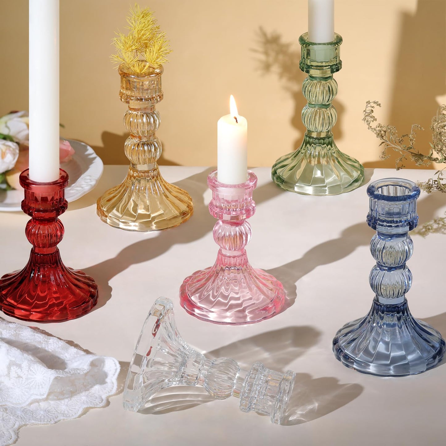 DARJEN 6Pcs Gold Candlestick Holders Set - 4" H & 5" H Striped Taper Candle Holders Bulk, Glass Candle Holders for Wedding, Festival, Party, Table Centerpiece, Gifts