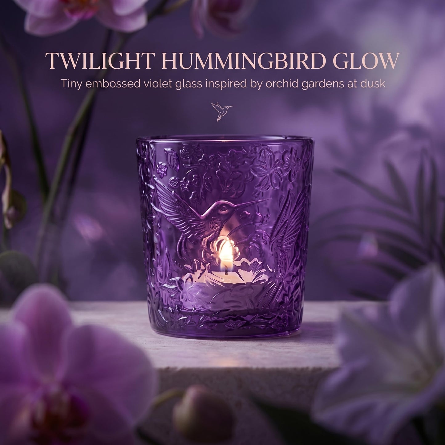 12 Pack Hummingbird Embossed Glass Candle Holders – Votive Tealight Holders with Patent Design, Decorative Embossed Glass Cups for Wedding Centerpieces, Parties, and Home Décor (Amethyst Bloom)