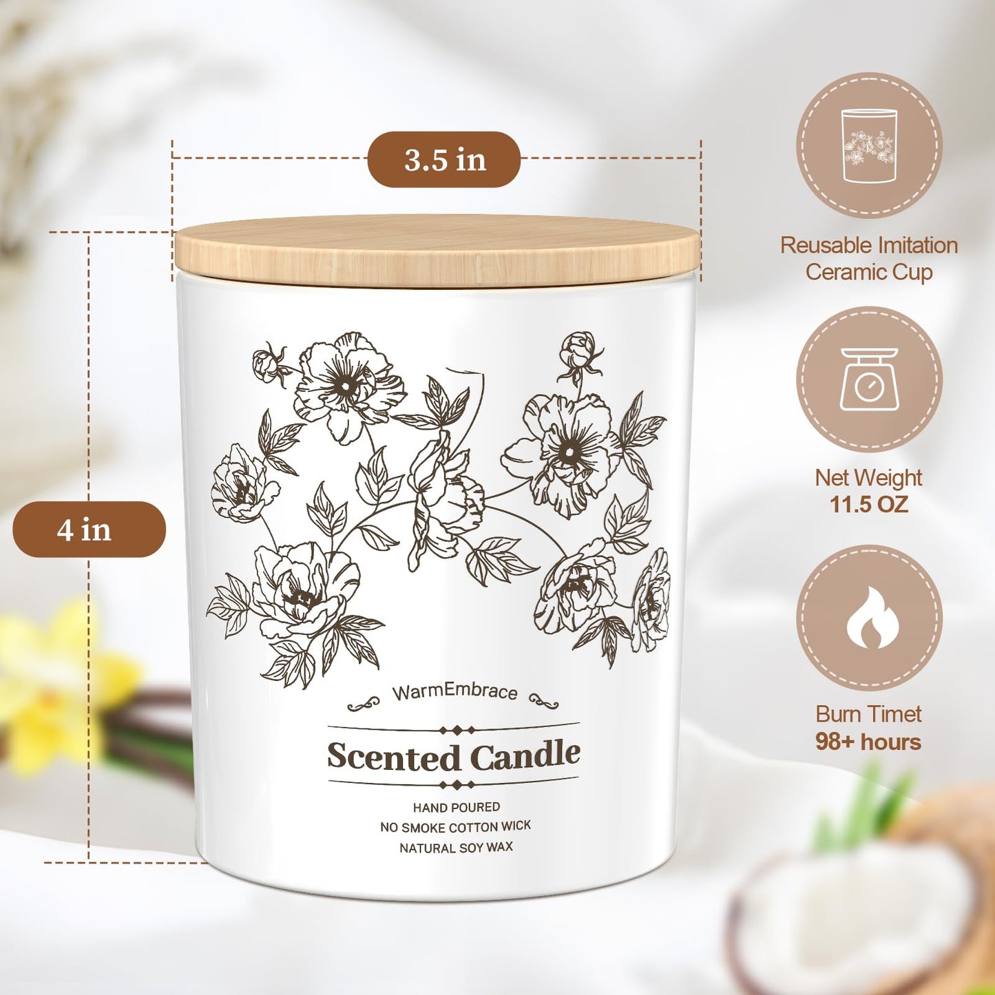 Deluxe Scented Candle for Women & Men, Vanilla Coconut Soy Wax Candle,11.5 Oz Jar Candle for Home, Scented-98 Hour Long Lasting Burning, Suitable Present for Thanksgiving, Christmas & Birthday
