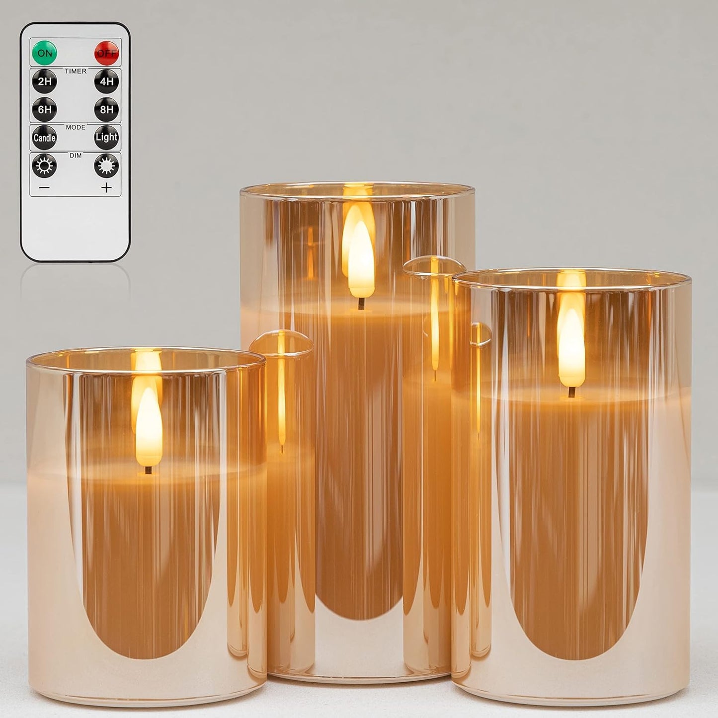 COVEGE Glass LED Flameless Candles Set with Remote, Gold Battery Operated Fake Candles, Real Wax with Warm Flickering Light, Safe Decorative Pillar Candles for Home, Wedding, Party Gift (Pack of 3)