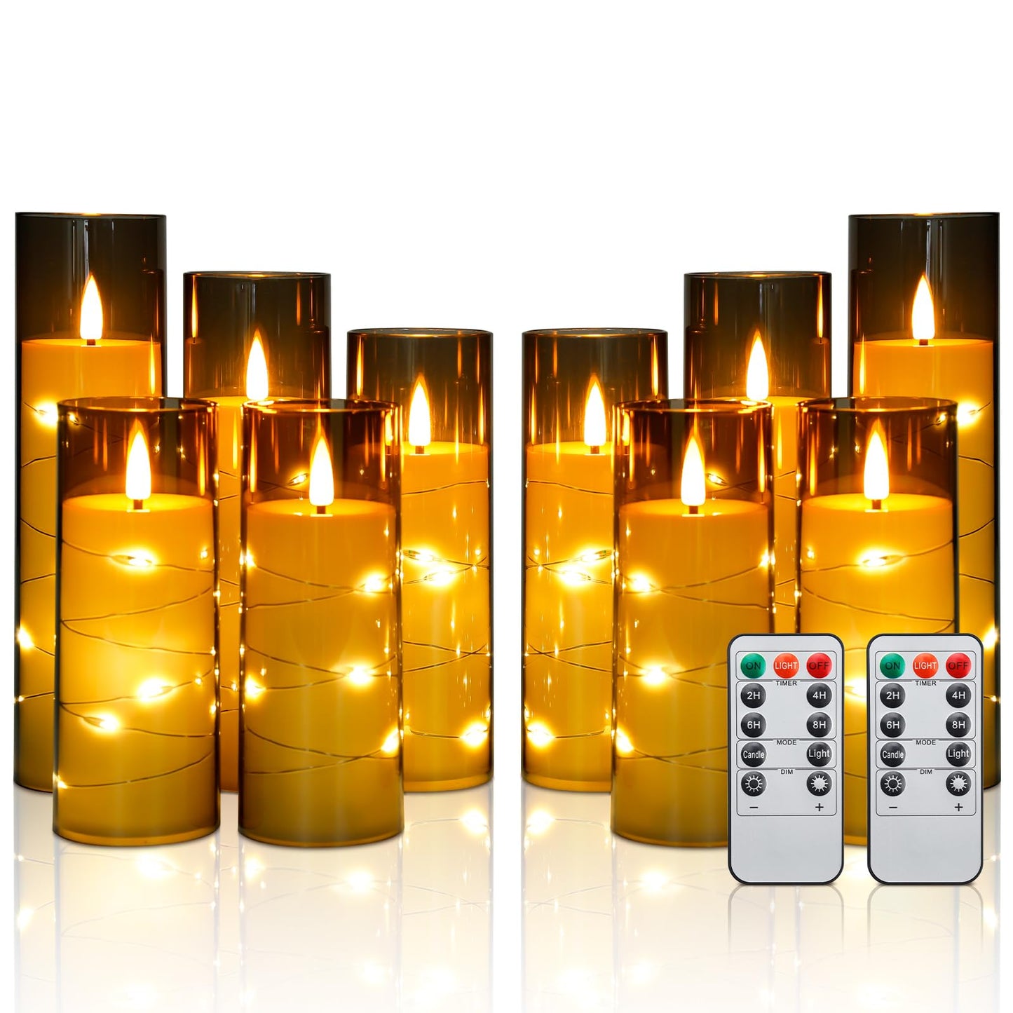 Enido Flameless LED Candles with Remote & Timer, Battery Operated Acrylic Pillar Set, 10 Pc Flickering Electric Lights with Embedded Star String for Cozy Home & Holiday Romantic Decor (Matte Grey)