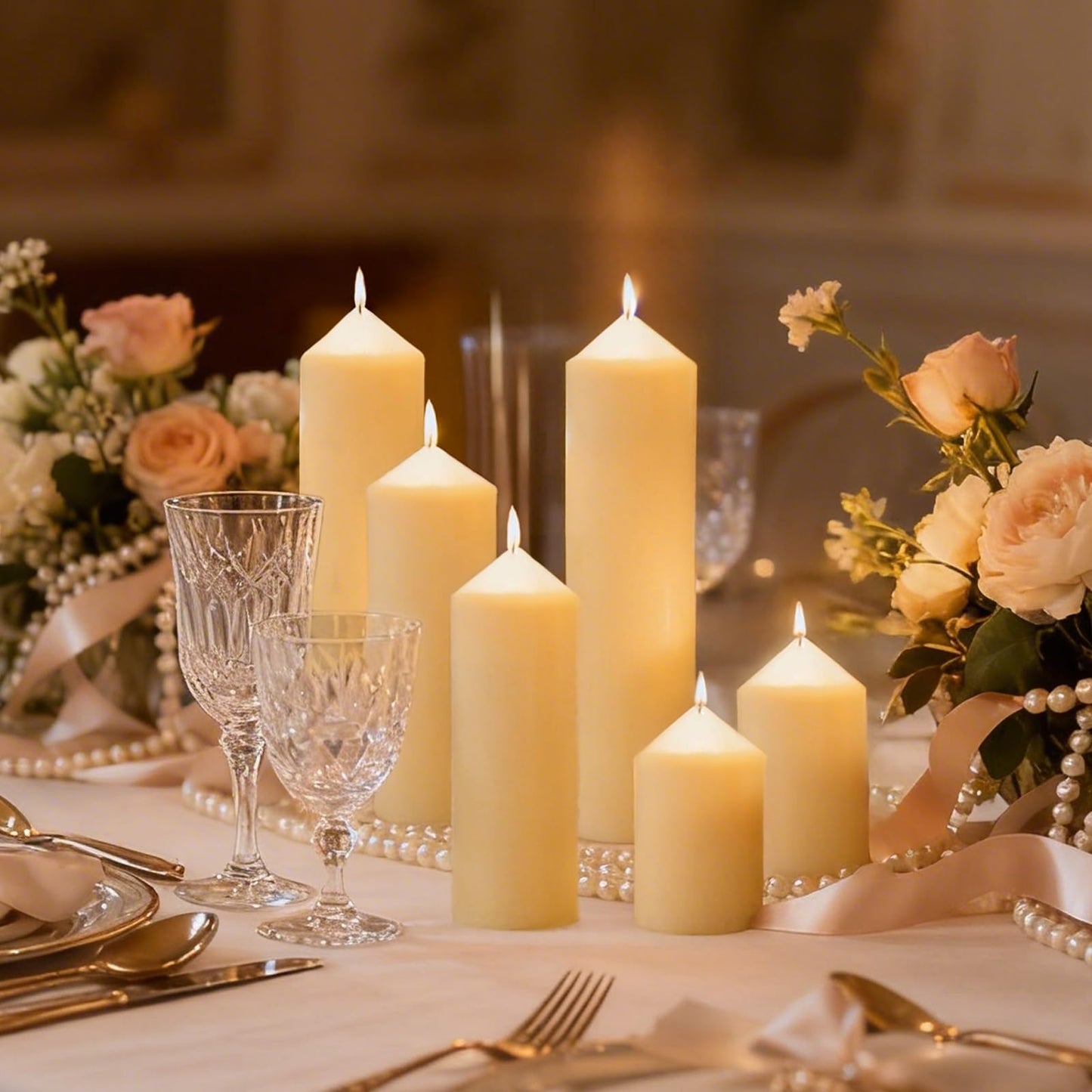 Veiuwa 6 Pcs Ivory Pillar Candles Bulk Set，2x3 2x6 2x8 Inch - 2 Each Size，Hurricane Candles，Dripless Unscented Smokeless，Gives You a Better Atmosphere When Organizing Wedding or Event Party.