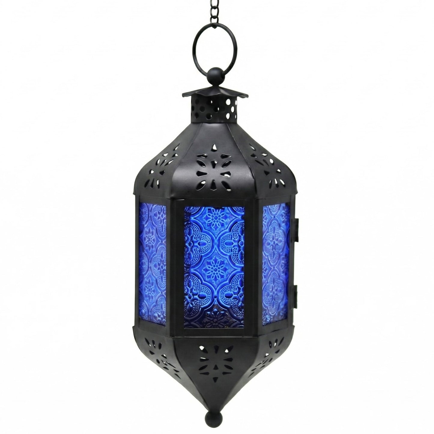 Vela Lanterns Hanging Moroccan Lamp - Exotic Decorative Patio & Porch Decor, Indoor Outdoor Tea Light Candle Lantern Holder with Chain (11" Medium, Cobalt Blue Glass)