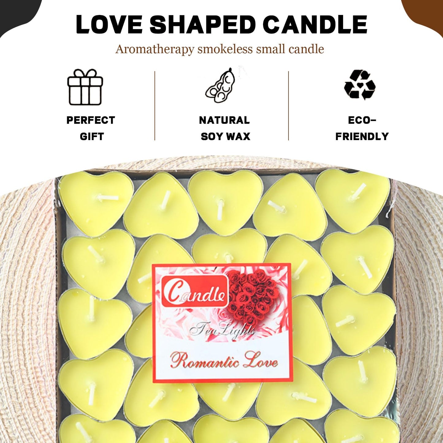 Heart Shaped Tealight Candles 50 Packs,25 * 2 Layers Romantic Love Unscented mokeless for Dinner Home Wedding (Yellow)