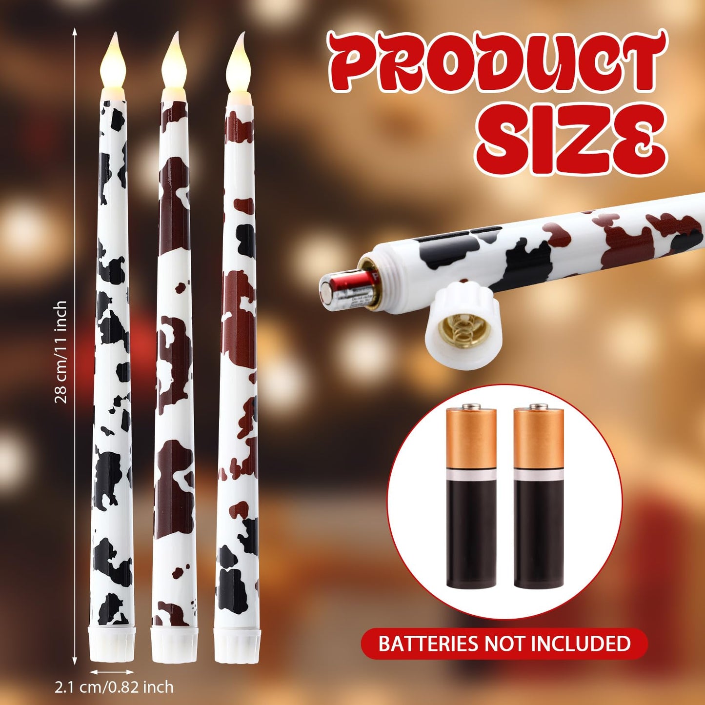 Kittmip 6 Pcs Christmas Cowhide Printed Flameless Taper Candles 11 Inch Battery Operated LED Western Country Rustic Candles Farmhouse Table Centerpiece for Xmas Holiday Party Decor Gifts