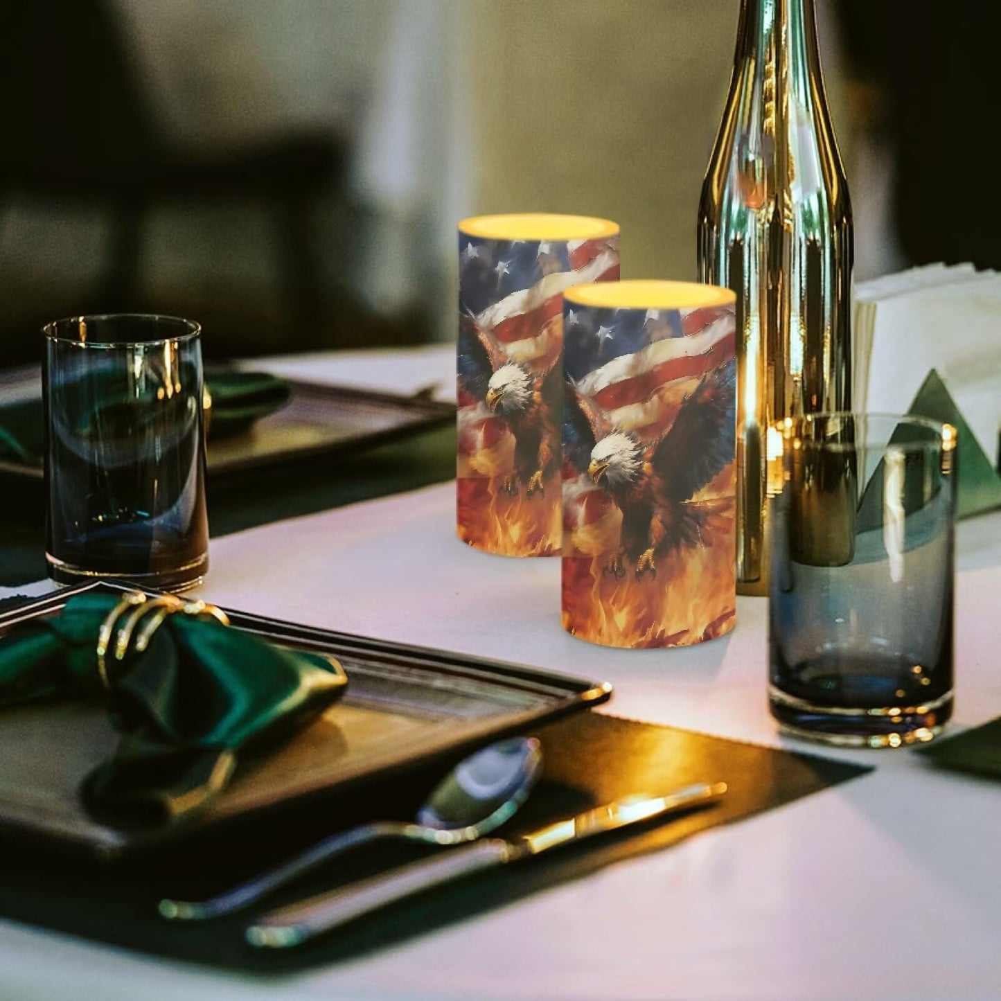 NETILGEN American Flag Flame Eagle Decorative Flameless Timer LED Candles Battery Operated Candles Set of 2 with Remote Control Timer for July 4th Independence Day Decor