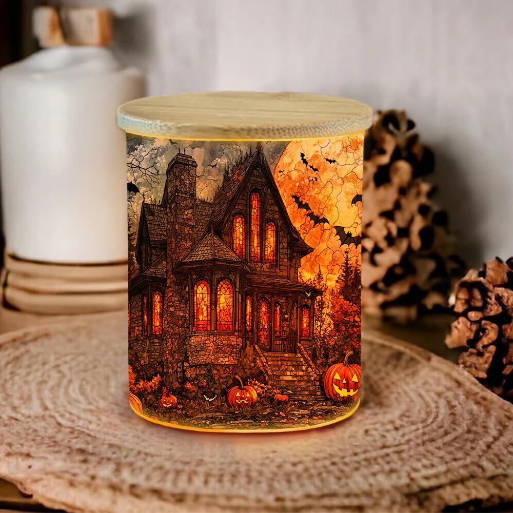Halloween Horror House Tealight Candle Holder, Pumpkin Candle Jar Tea Light Holder, Stained Glass Halloweens Night Tealight Holders Candlesticks Gift for Halloween Christmas Thanksgiving