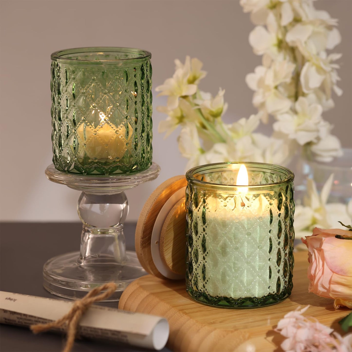 NITIME 15pcs 7.5oz Green Candle jars for Making Candles, Glass Candle Vessels With Bamboo Lids and Sticky Labels, Candle Containers for Making Candles and Candle Making Supplies