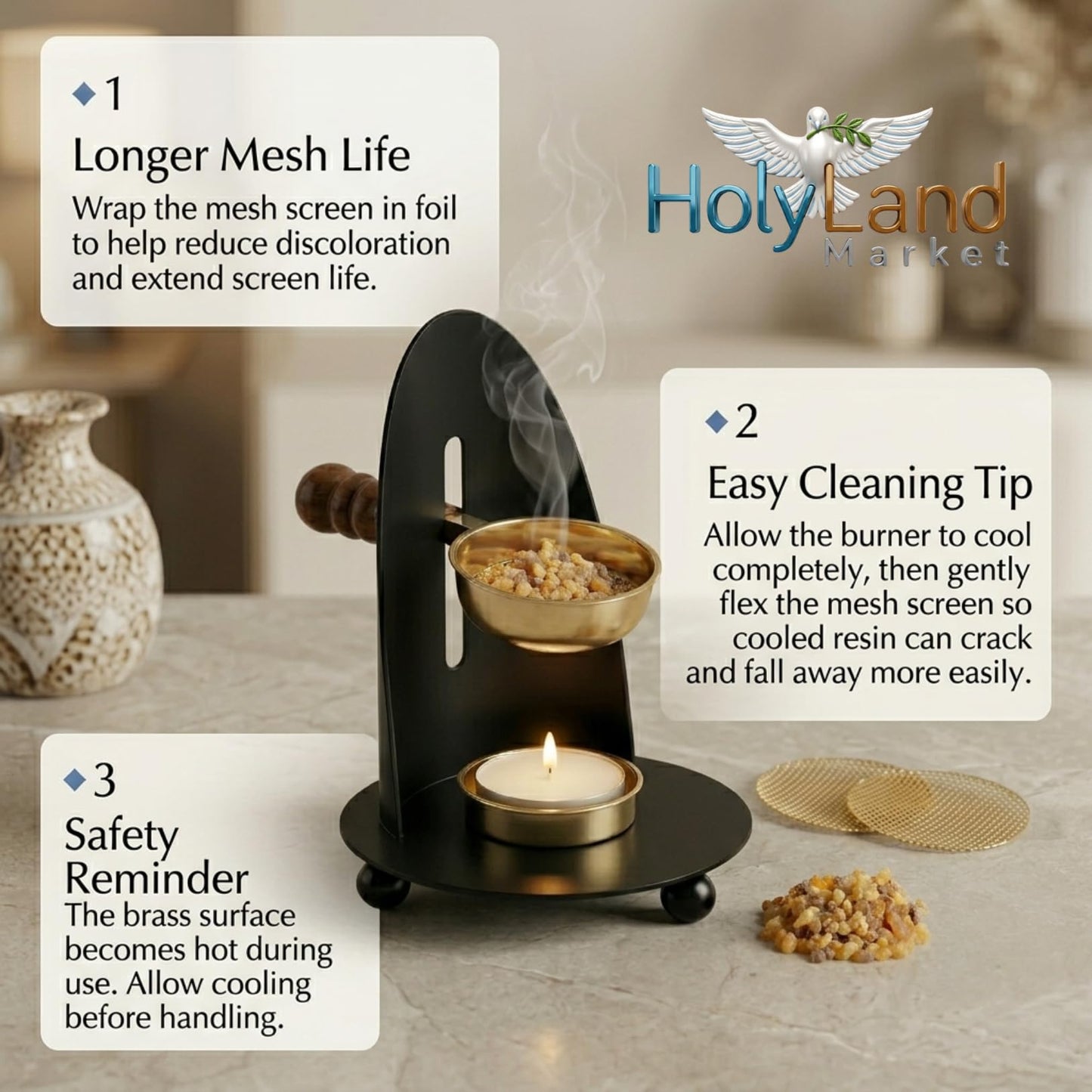 Brass Incense Burner Kit - Candle,Incense and 2 Mesh Screens, Adjustable Charcoal and Tea Light Bakhoor Burner for Resin, Myrrh, Copal at Home, Church, Meditation Space (Brass - Black - Model)