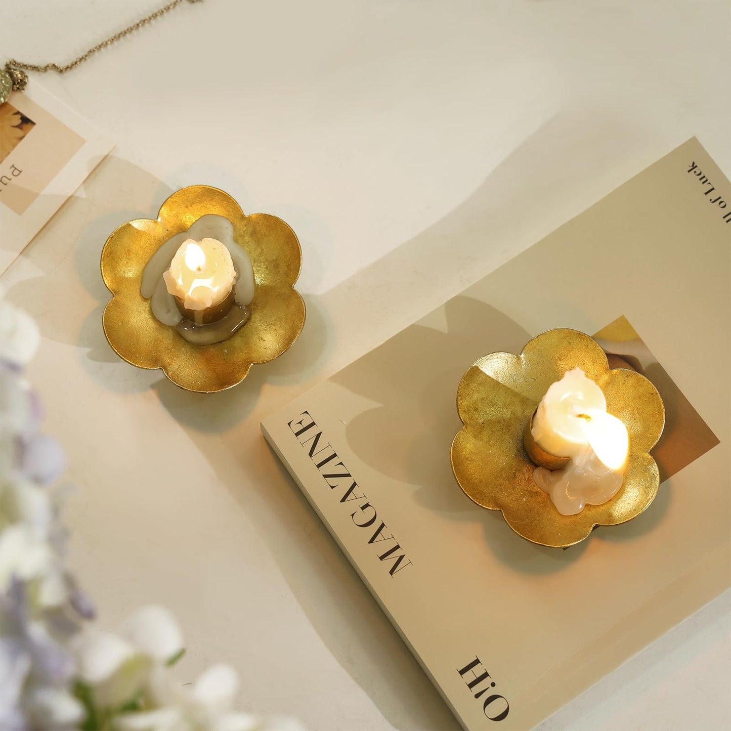 NIKKY HOME Gold Flower Taper Candle Holders Set of 2, Vintage Candle Stand