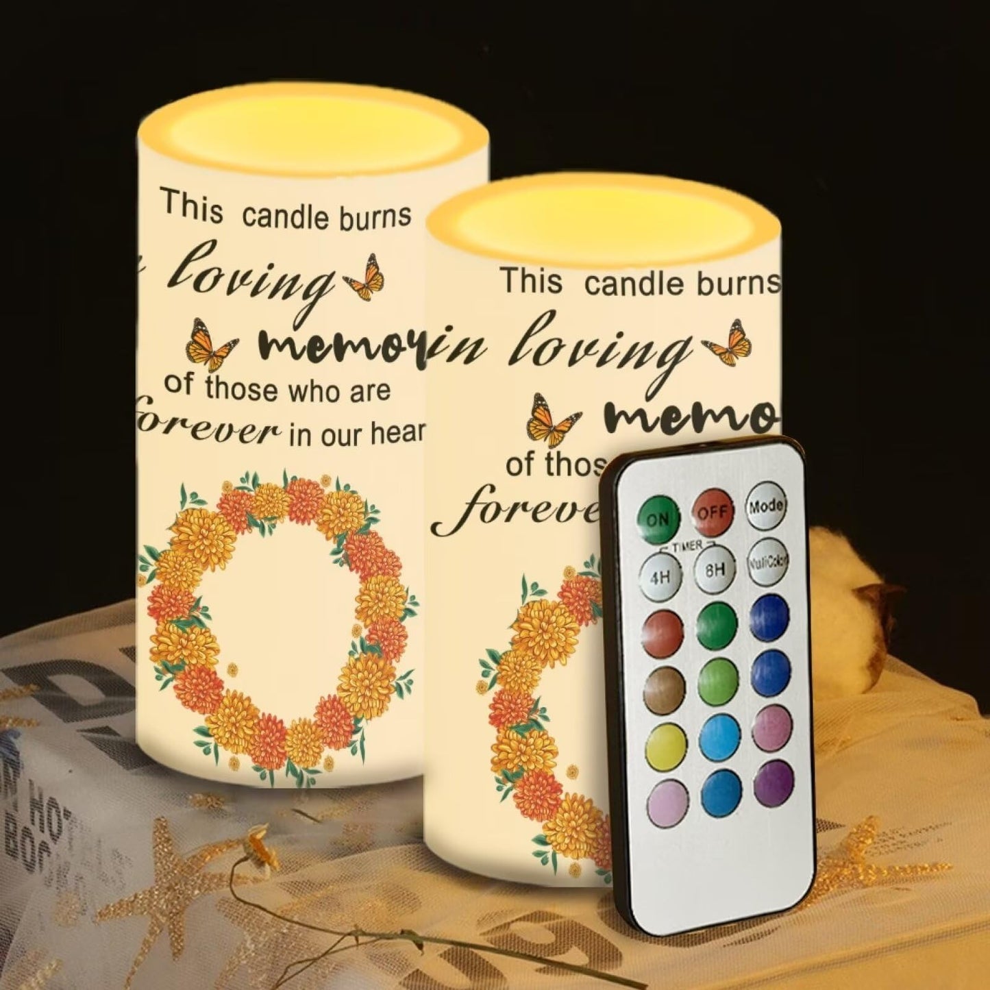 Luarisgur Personalized LED Memorial Candle for Loss of Loved One 2 Pack 6 x 3 inch Flameless Candles Orange Battery Operated Candles with Multicolor Timer Remote Control Flameless LED Fake Candles