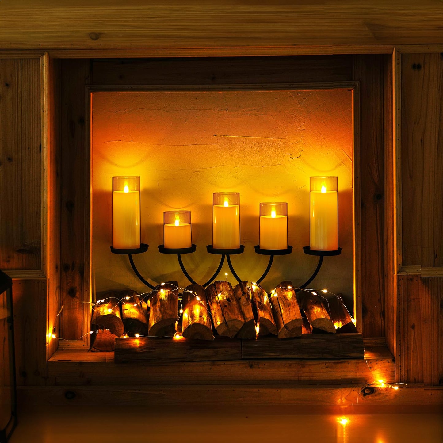 Homemory Amber Flickering Flameless Candles, Battery Operated Acrylic LED Pillar Candles with Remote Control and Timer, Fall Candles, Set of 9