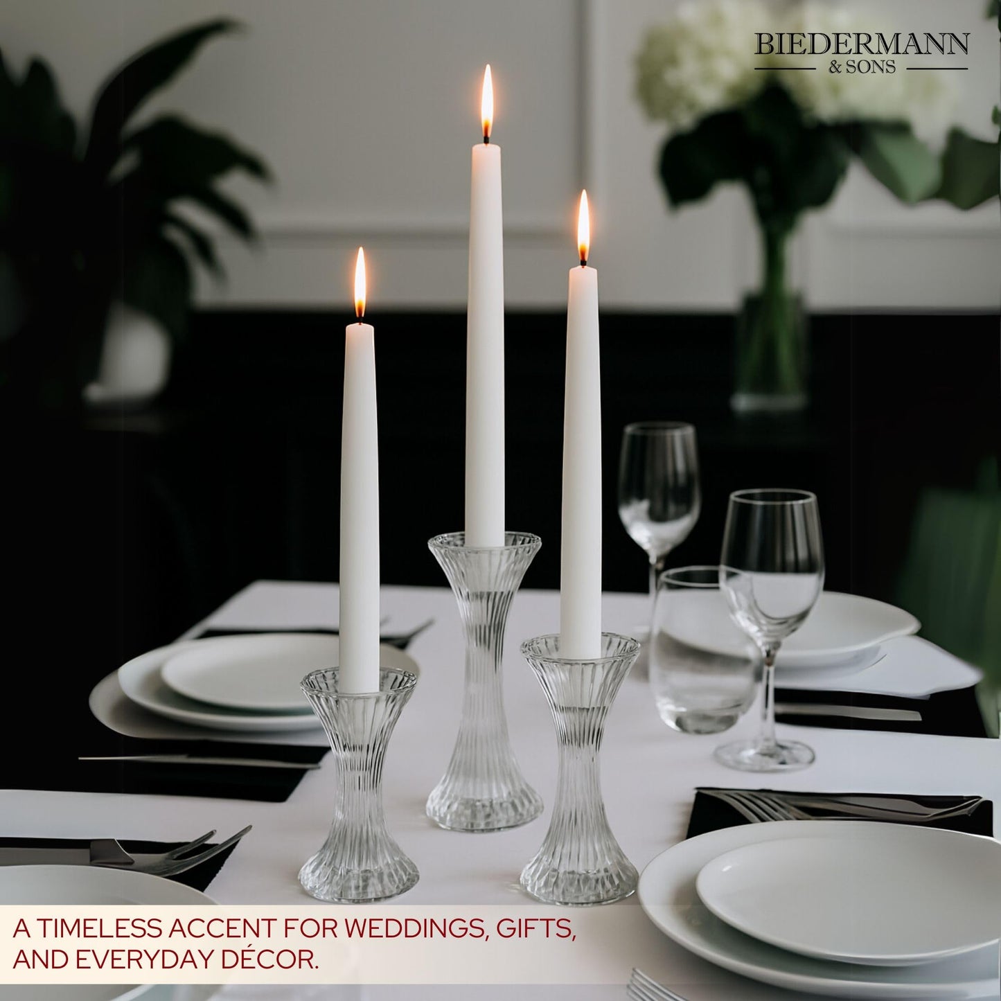 Biedermann & Sons Ribbed Hour-Glass Shape Tealight and Taper Candle Holders, Clear - 6.5 Inch Tall