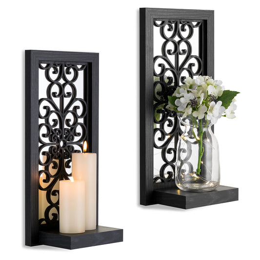 Gothic Candle Sconces Mirror Wall Decor - Black Halloween Art Mirrored Wall Candle Holder Decorative Set of Two Wood Vintage Small Hanging Shelves for Farmhouse Living Room Kitchen Bedroom