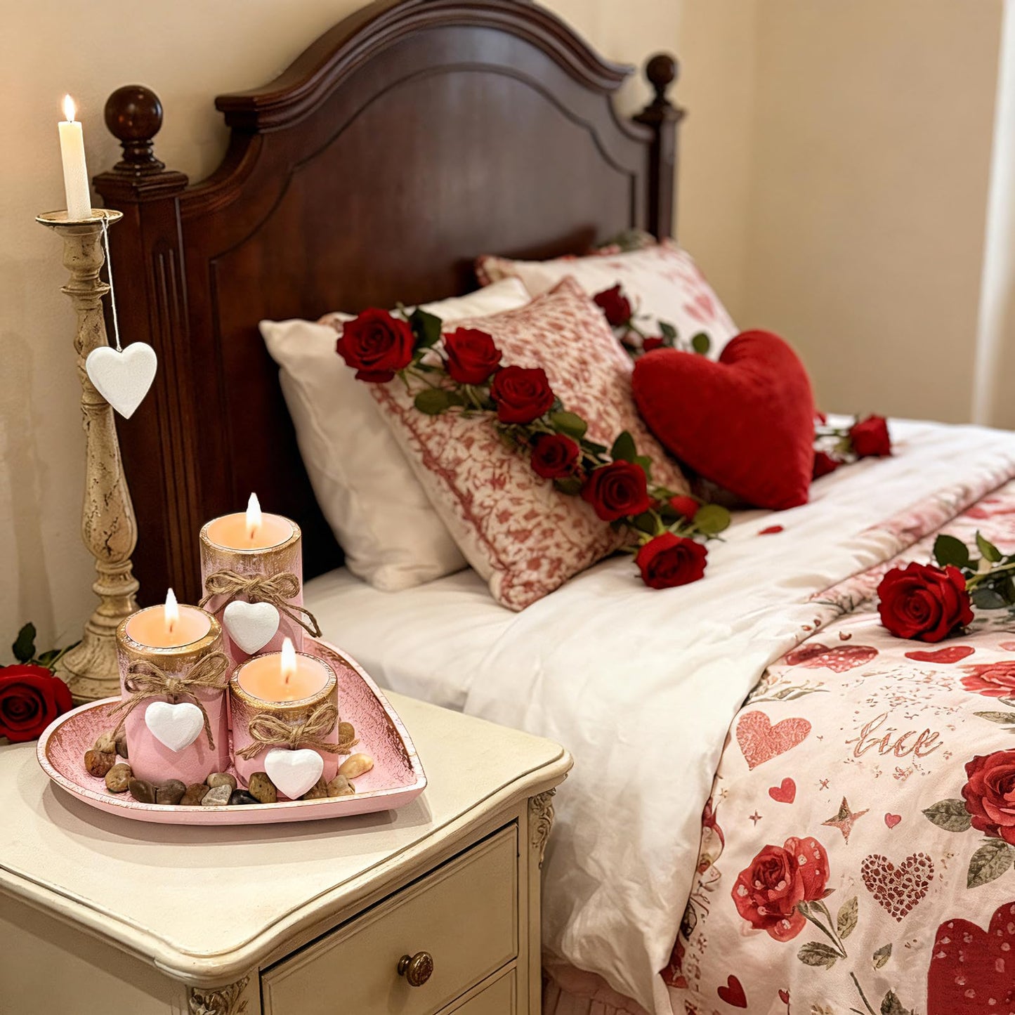 Rustic Farmhouse Candle Holders Set of 3, Pink Heart Shaped Wooden Tray with Tealight & Pillar Candles, Rustic Wood Centerpiece for Coffee Table, Valentine's Day, Wedding, Anniversary Home Decor