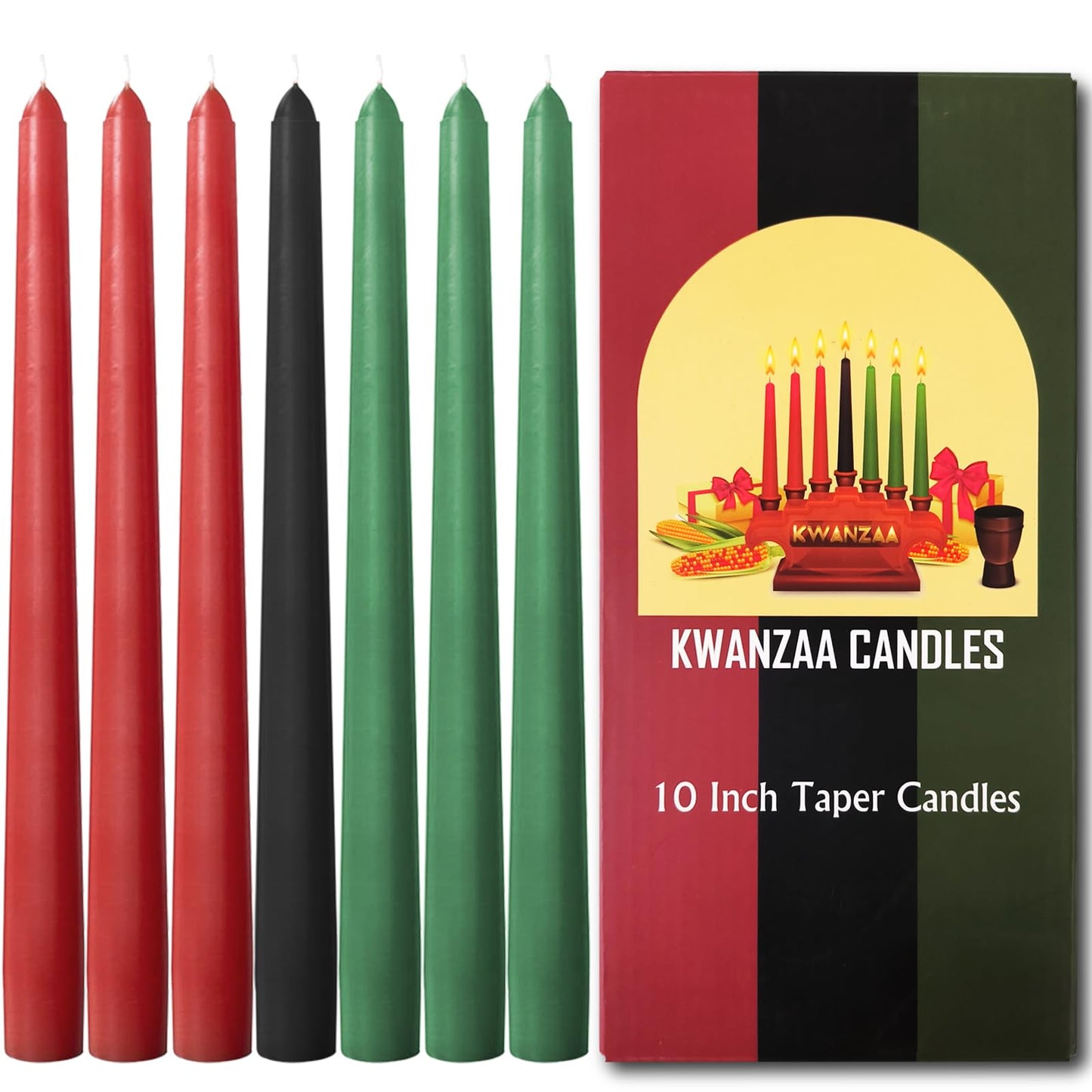 Topsics Kwanzaa Taper Candles Set of 7, 3 Red, 3 Green, 1 Black - 10 Inch Dripless Tall Candle Premium Quality Candles -Mishumaa Saba Candle
