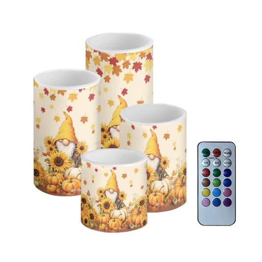 NETILGEN Thanksgiving Day Decor Flameless LED Candles with Remote Timer Control Long Lasting Pillar Candles Set of 4 Fall Maple Leaf Gnome Print