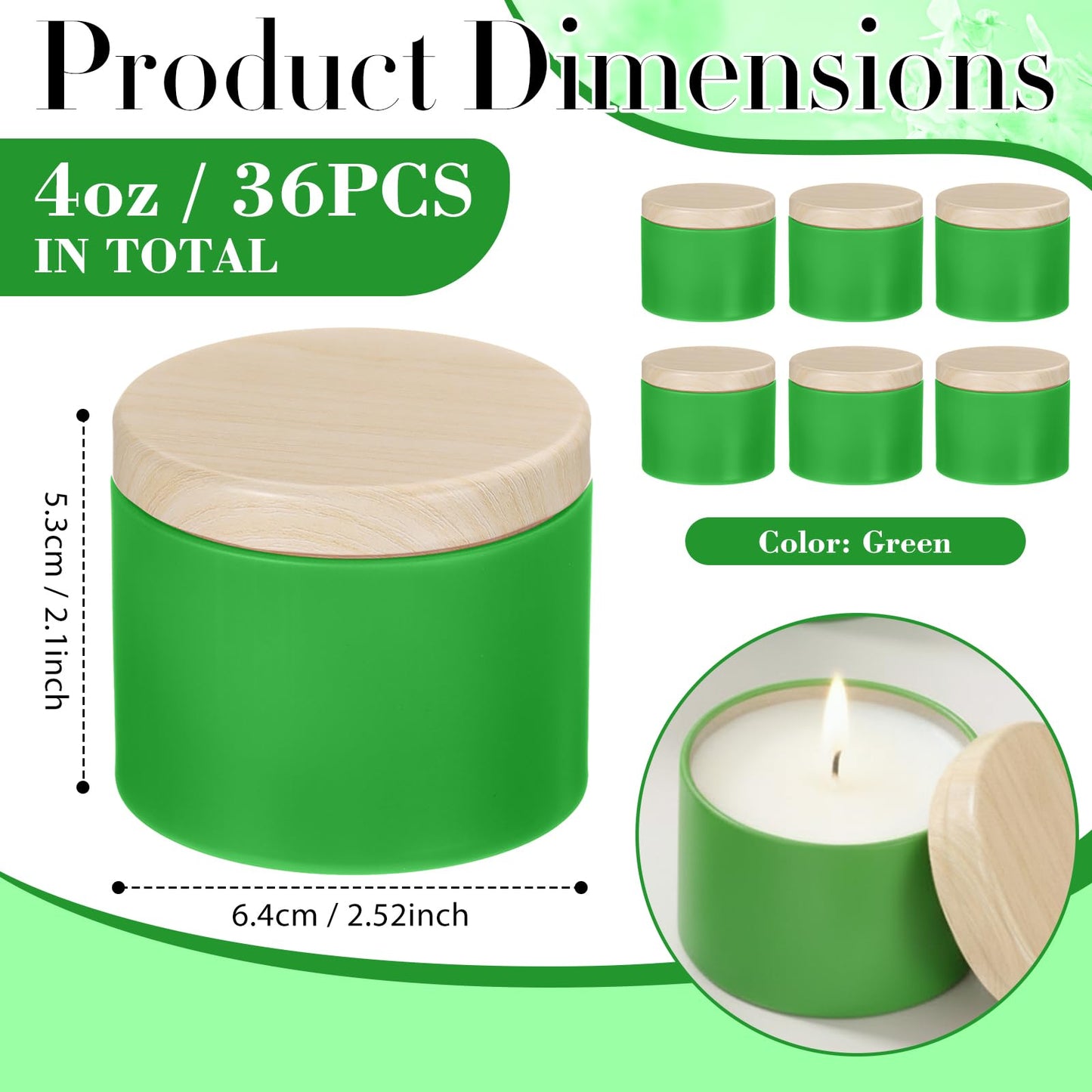 Honeydak 36 Pcs 4oz Green Candle Jars Bulk Candle Tins Small Empty Containers with Metal Wood Grain Printing Lids for Making DIY Jars Storage Wedding Gifts