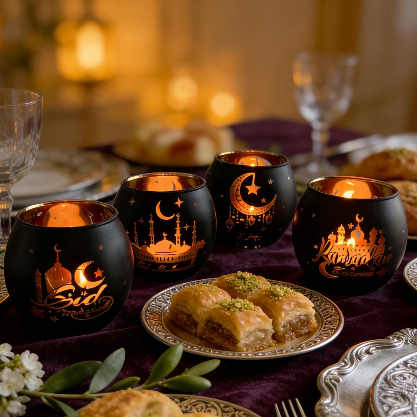 Eid Mubarak Glass Tea Light Candle Holders, Votive Tealight Holder Table, Centerpiece Decorations for Muslim Party Decor (Ramadan)