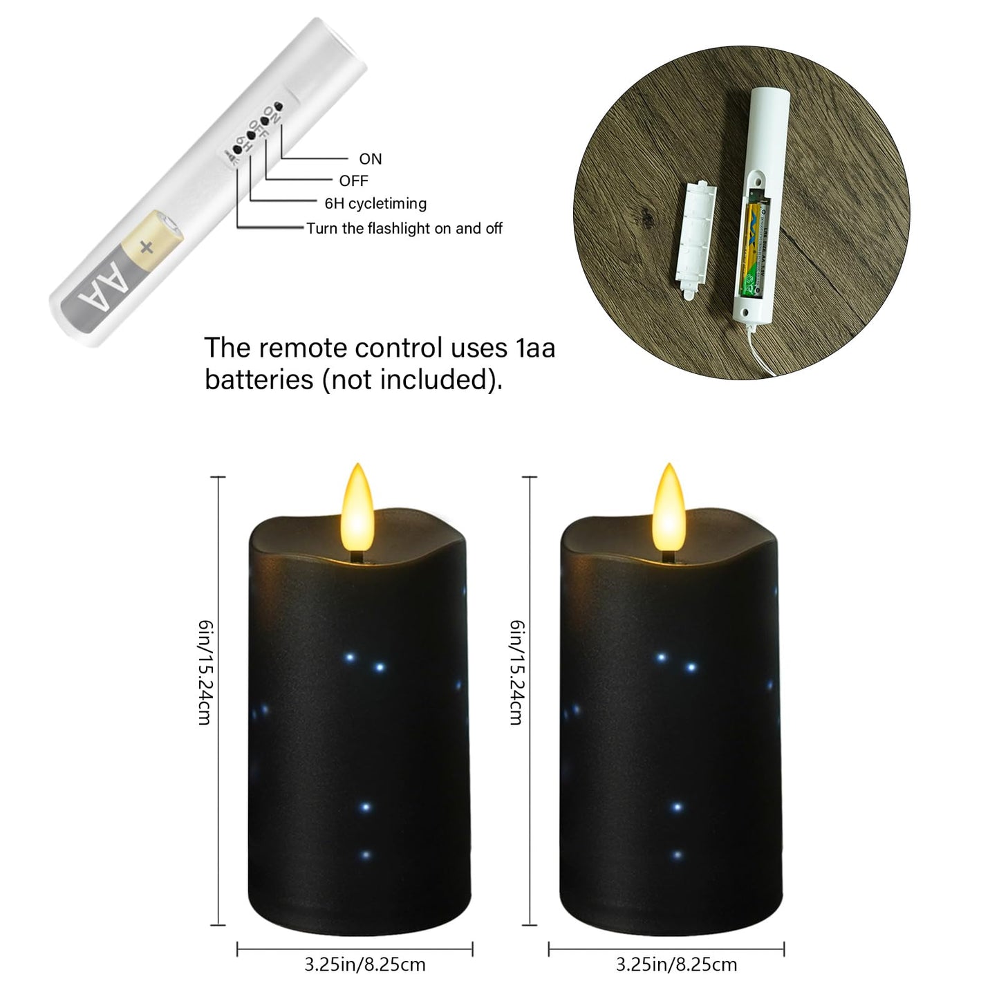 Flameless Candles Embeded Twinkle Starlight, Waterproof LED Flameless Candles with Remote, Plastics Realistic Pillar Candles for Home Decor, Outdoor Garden, Patio Decor 2pcs(Black)