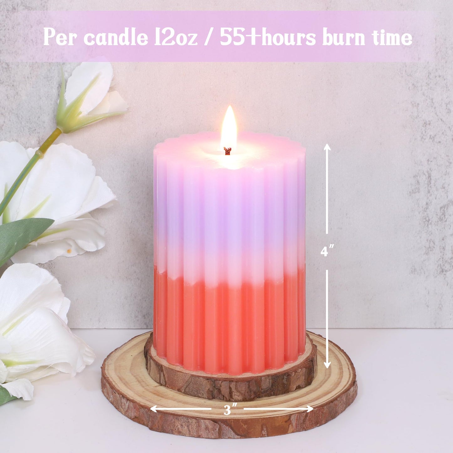 FLAVCHARM Ribbed Pillar Candles Purple Coral Gradient Vanilla Scented 3x4 Inch Candle Handmade Striped Aesthetic Retro Textured Pillar Candle for Boho Home Decor, Coffee Table, Weddings Party, 3-Pack